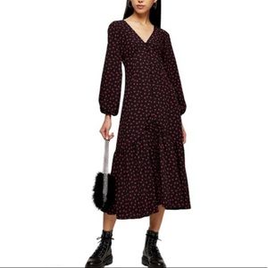 Topshop Black Red Roses Midi Floral Dress ballon sleeve size 6 petite